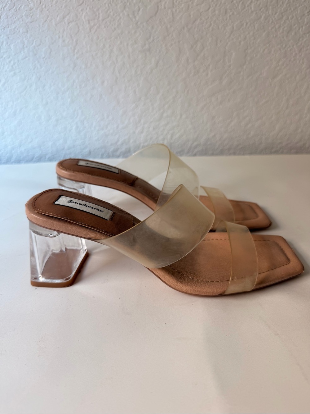 Stradivarius Clear Strap Tan Block Heel Mules | Minimalist Nude Slide Sandals